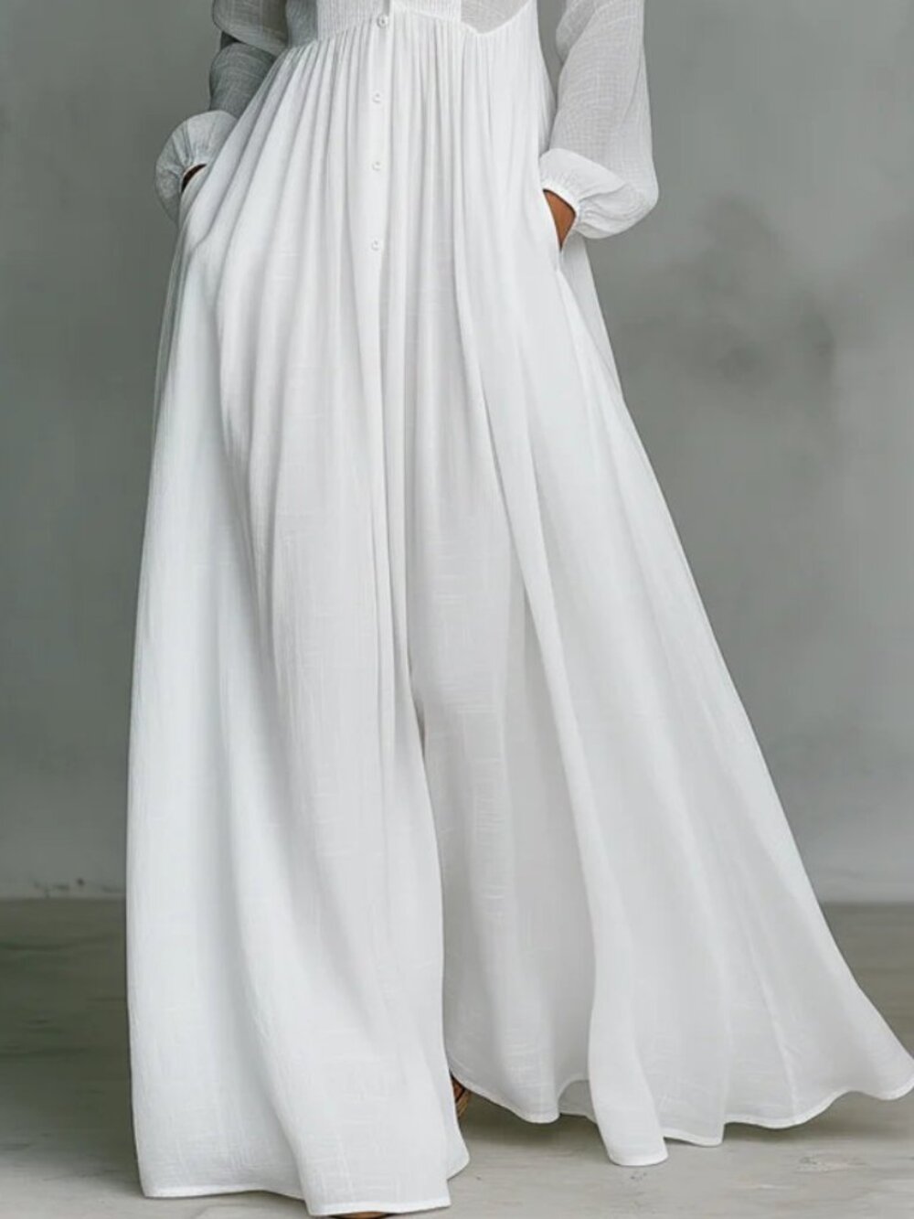 Women's White Maxi Dress Long Lantern Sleeve Pleated A-Line French Cottagecore - Picture 4 of 4